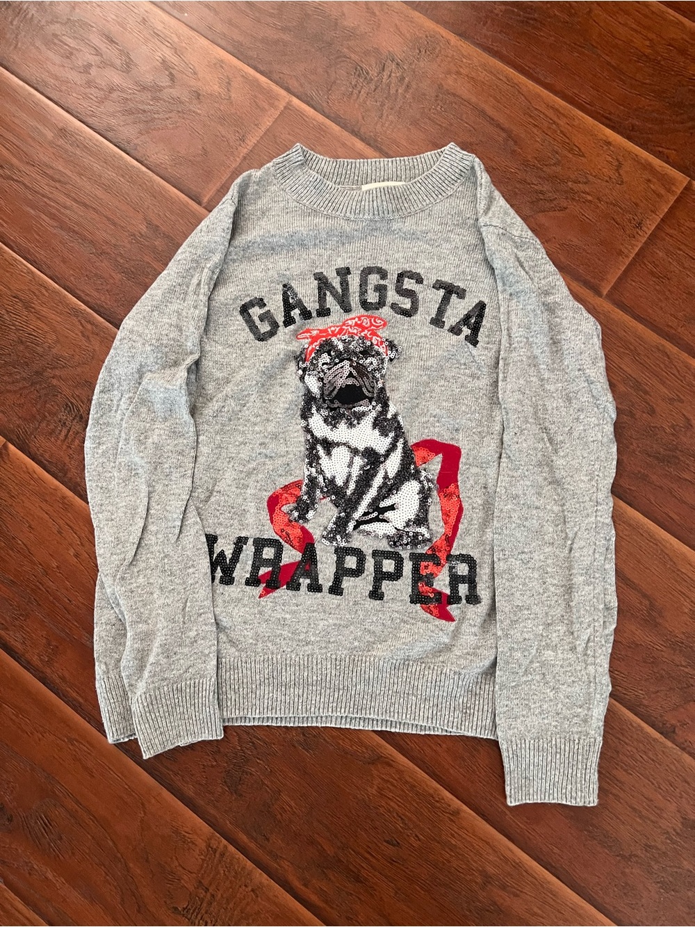 H&M Grey Crewneck Sweater with Black & Red Pug Graphic